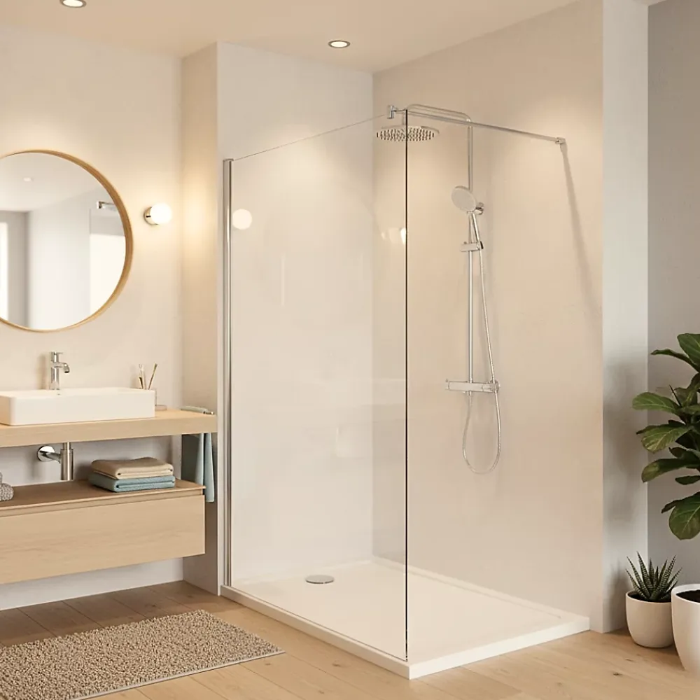 Swiss Aqua Technologies Pack Douche Complet : Paroi Walk-In 120x200 Chrome + Colonne SAT 3 Jets + Receveur Marbre Coulé Blanc 120x80 (SAT120C7PR128W)