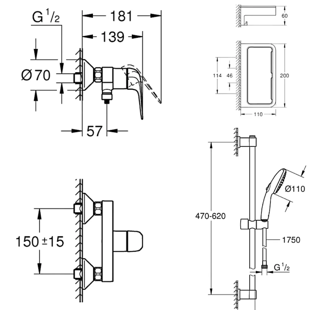 Colonne De Douche Mécanique|Grohe Pack douche mécanique Swift 2023 avec ensemble de douhe Vitalio Comfort 110 et tablette