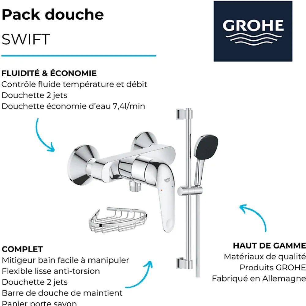 Grohe Pack douche mécanique Swift 2023 avec ensemble de douhe Vitalio Comfort 110 et panier porte-savon