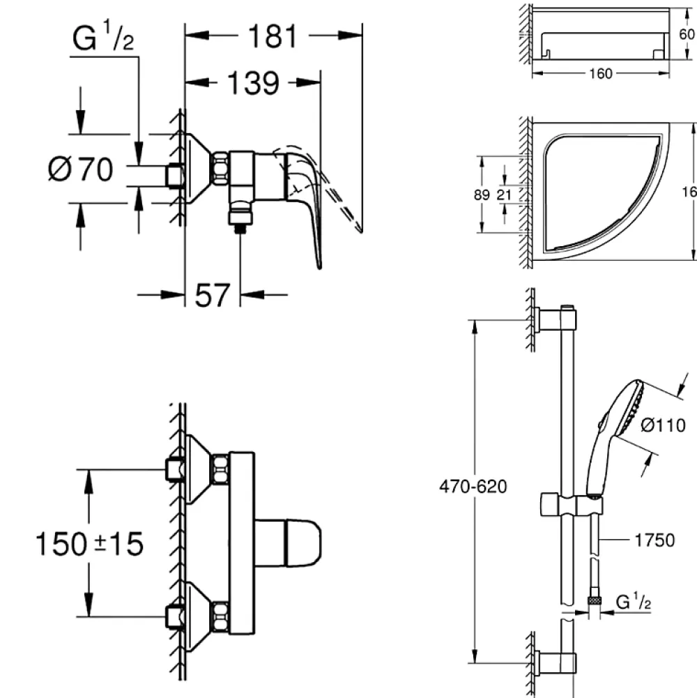 Grohe Pack douche mécanique Swift 2023 avec ensemble de douche Vitalio Comfort 110 et tablette en angle