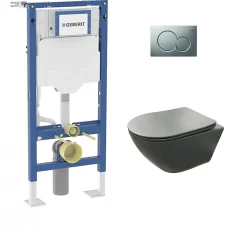 Wc Suspendu|Geberit Pack UP320 + Cuvette sans bride KELOS Flush Gris Foncé + Plaque Sigma Chromé Mat