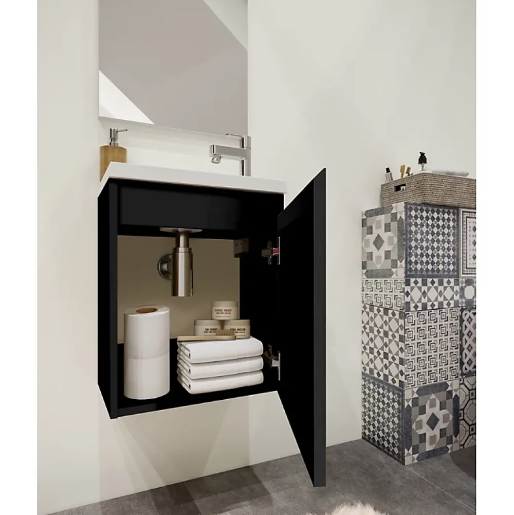 Planète Bain Pack lave mains avec miroir Porto Noir brillant - Marque allibert