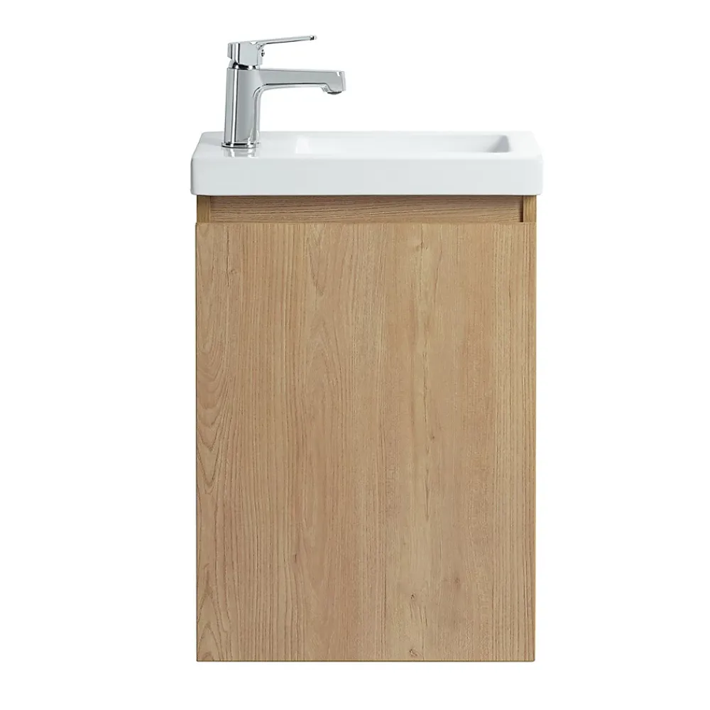 Bain-Bain Pack Meuble Lave-main prémonté bois-Vasque blanche-Robinet chromé- Crochet chromé -