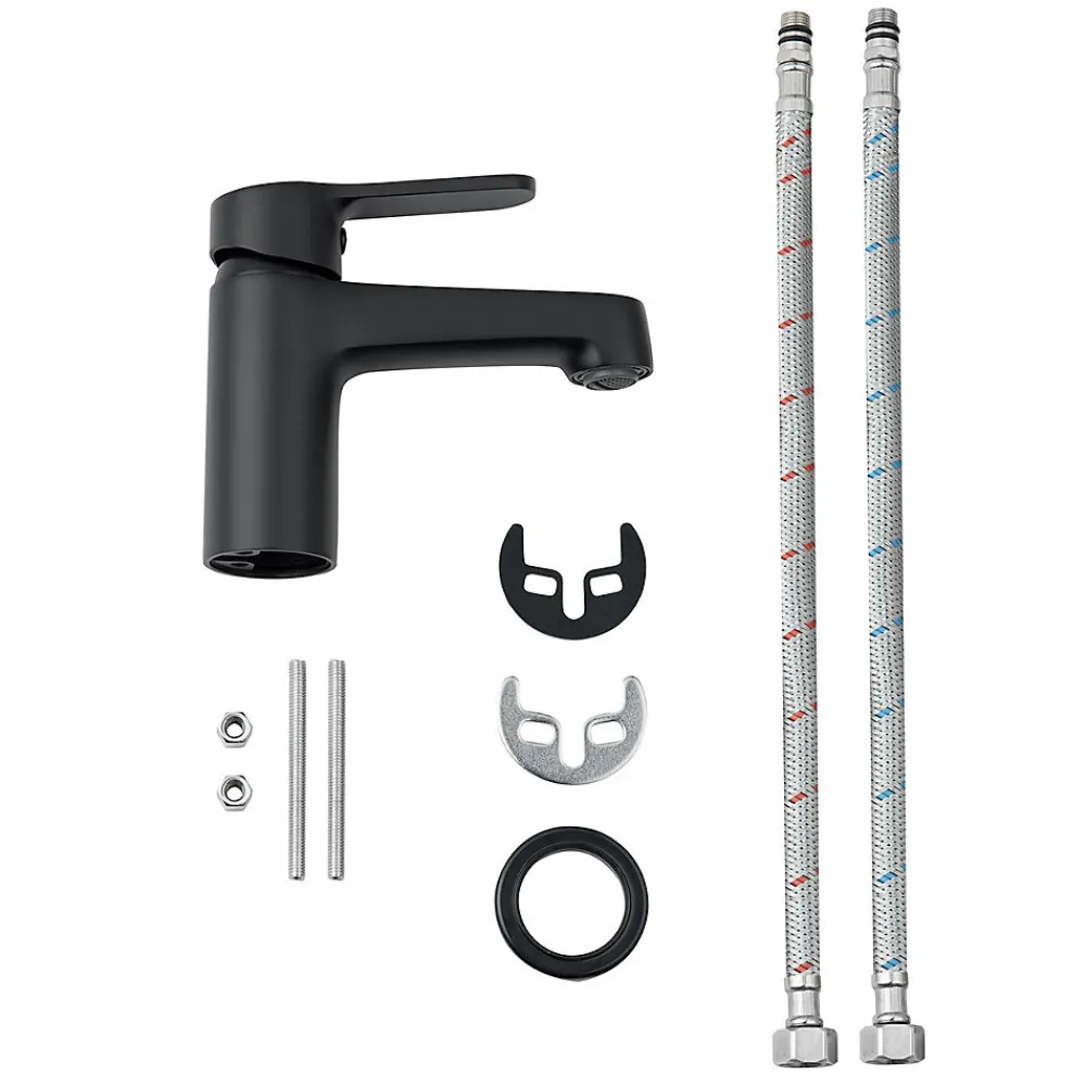 Bain-Bain Pack Meuble Lave-main prémonté bois-Vasque blanche-Robinet noir -