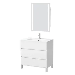 Aurlane Pack Meuble Salle de Bains 80cm Blanc 3 Tiroirs, Vasque, Miroir 60x80 à Leds intégrées - XENOS