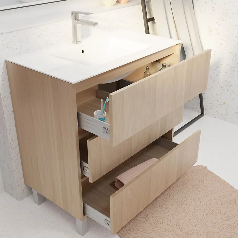 Aurlane Pack Meuble Salle de Bains 80 cm Chêne Clair, 3 tiroirs avec Vasque Céramique - XENOS