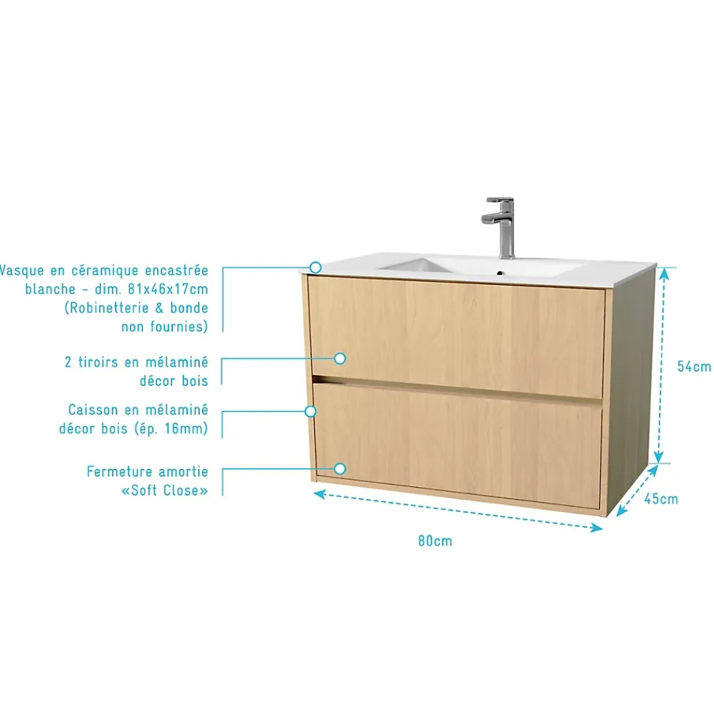 Meuble Vasque|Aurlane Pack Meuble Salle de Bains 80 cm Chêne Clair, 2 tiroirs avec Vasque Céramique - XENOS