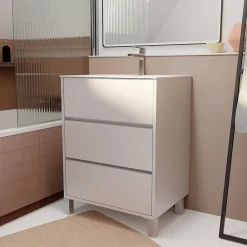Aurlane Pack Meuble Salle de Bains 60 cm Laqué Blanc, 3 tiroirs avec Vasque Céramique - XENOS