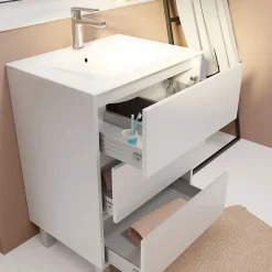 Aurlane Pack Meuble Salle de Bains 60 cm Laqué Blanc, 3 tiroirs avec Vasque Céramique - XENOS