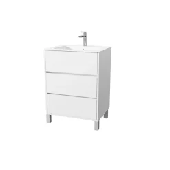 Aurlane Pack Meuble Salle de Bains 60 cm Laqué Blanc, 3 tiroirs avec Vasque Céramique - XENOS