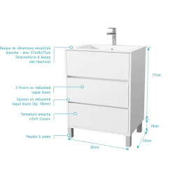 Aurlane Pack Meuble Salle de Bains 60 cm Laqué Blanc, 3 tiroirs avec Vasque Céramique - XENOS