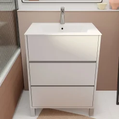 Aurlane Pack Meuble Salle de Bains 60 cm Laqué Blanc, 3 tiroirs avec Vasque Céramique - XENOS