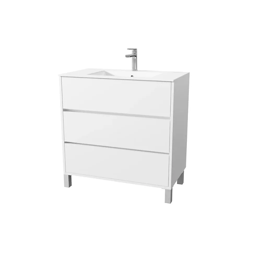 Aurlane Pack Meuble Salle de Bains 80 cm Laqué Blanc, 3 tiroirs avec Vasque Céramique - XENOS