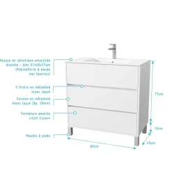 Aurlane Pack Meuble Salle de Bains 80 cm Laqué Blanc, 3 tiroirs avec Vasque Céramique - XENOS