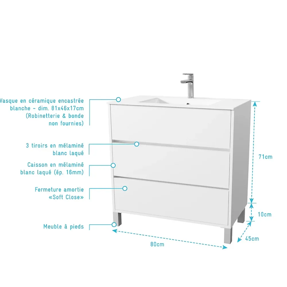 Aurlane Pack Meuble Salle de Bains 80 cm Laqué Blanc, 3 tiroirs avec Vasque Céramique - XENOS