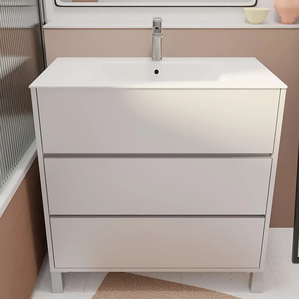 Aurlane Pack Meuble Salle de Bains 80 cm Laqué Blanc, 3 tiroirs avec Vasque Céramique - XENOS