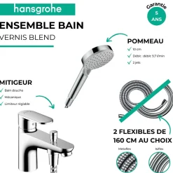 Hansgrohe Pack mitigeur bain douche monotrou Vernis Blend + Flexible Metaflex + Pommeau Vernis Blend 100 Vario chromé