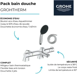 Grohe Pack mitigeur bain douche thermostatique Grohtherm 800 + douchette ronde 2 jets + flexible