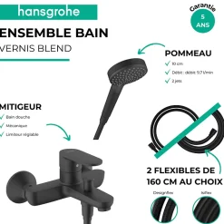 Hansgrohe Pack mitigeur bain douche Vernis Blend + Flexible Isiflex + Pommeau Vernis Blend 100 Vario noir mat