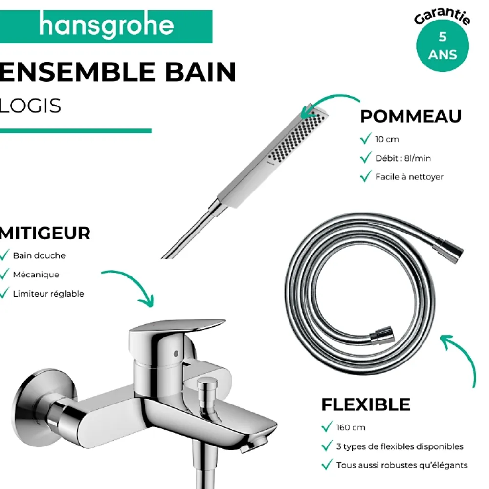 Robinet De Baignoire|Hansgrohe Pack mitigeur bain douche mécanique Logis + Flexible Designflex + Pommeau Pulsify E 100 EcoSmart chromé