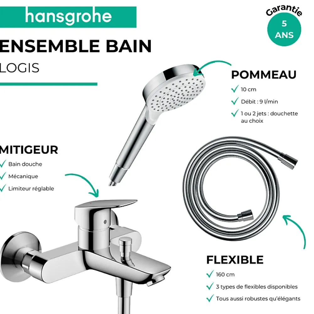 Robinet De Baignoire|Hansgrohe Pack mitigeur bain douche mécanique Logis + Flexible Metaflex + Pommeau Vernis Blend 100 EcoSmart 1jet chromé