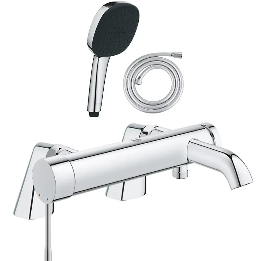 Grohe Pack mitigeur bain douche mécanique Essence + douchette carré 2 jets + flexible