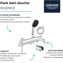 Grohe Pack mitigeur bain douche mécanique Essence + douchette carré 2 jets + flexible
