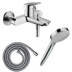 Hansgrohe Pack mitigeur bain douche mécanique Logis + Flexible Metaflex + Pommeau Vernis Blend 100 EcoSmart 2jets chromé