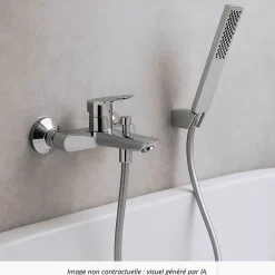 Hansgrohe Pack mitigeur bain douche mécanique Logis + Flexible Metaflex + Pommeau Pulsify E 100 EcoSmart chromé