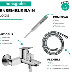 Hansgrohe Pack mitigeur bain douche mécanique Logis + Flexible Metaflex + Pommeau Pulsify E 100 EcoSmart chromé