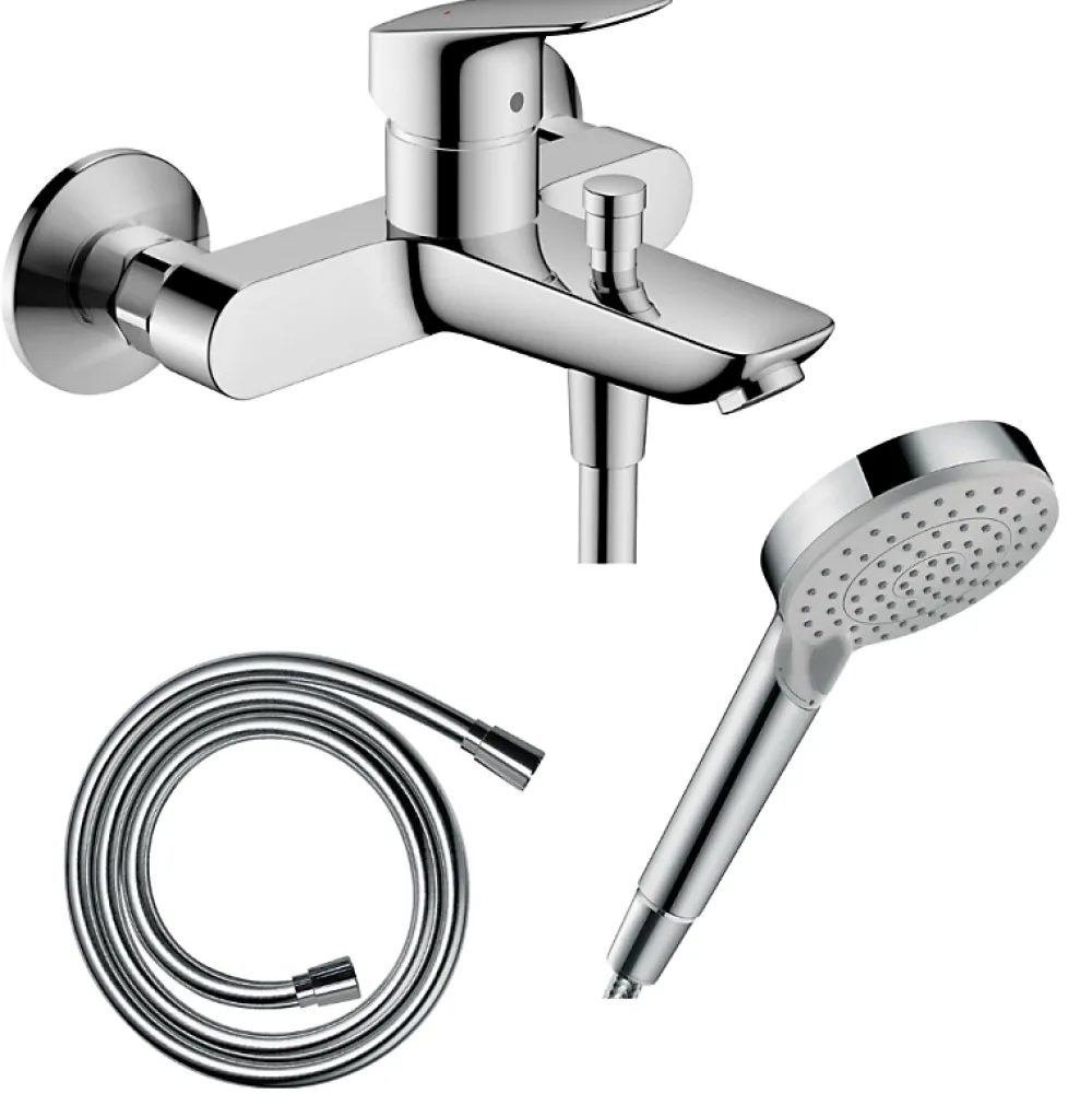 Hansgrohe Pack mitigeur bain douche mécanique Logis + Flexible Isiflex + Pommeau Vernis Blend 100 EcoSmart 2jets chromé