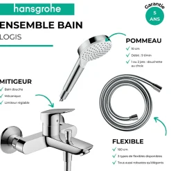 Hansgrohe Pack mitigeur bain douche mécanique Logis + Flexible Isiflex + Pommeau Vernis Blend 100 EcoSmart 2jets chromé