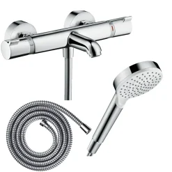 Hansgrohe Pack mitigeur bain thermostatique Ecostat Comfort + Flexible Metaflex 1,6m + Pommeau Vernis Blend EcoSmart chromé