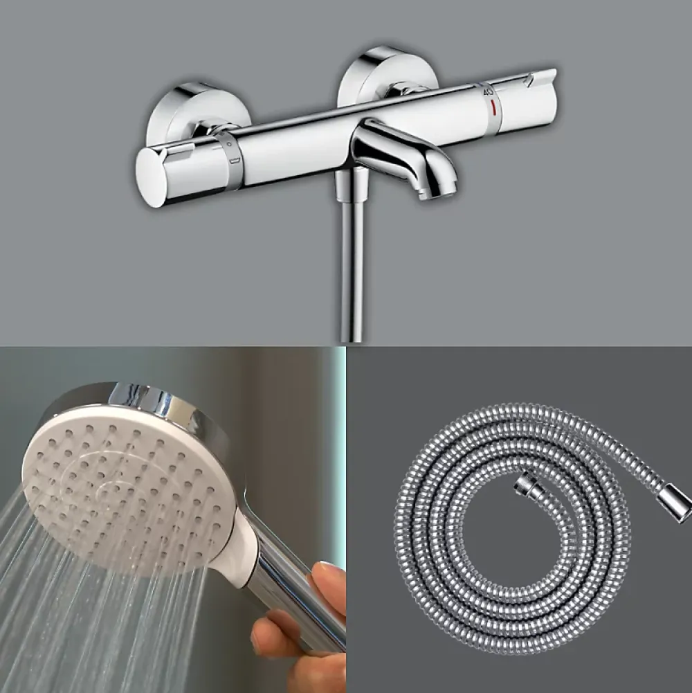 Hansgrohe Pack mitigeur bain thermostatique Ecostat Comfort + Flexible Metaflex 1,6m + Pommeau Vernis Blend EcoSmart chromé