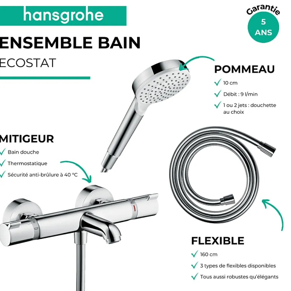 Hansgrohe Pack mitigeur bain thermostatique Ecostat Comfort + Flexible Metaflex 1,6m + Pommeau Vernis Blend EcoSmart chromé