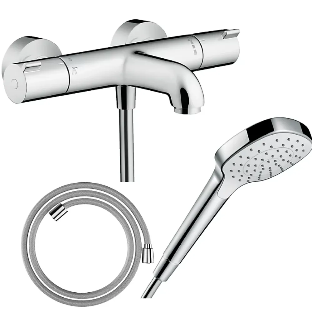 Robinet De Baignoire|Hansgrohe Pack mitigeur bain thermostatique Ecostat 1001CL + Flexible Designflex + Pommeau Croma Select E EcoSmart blanc/chromé