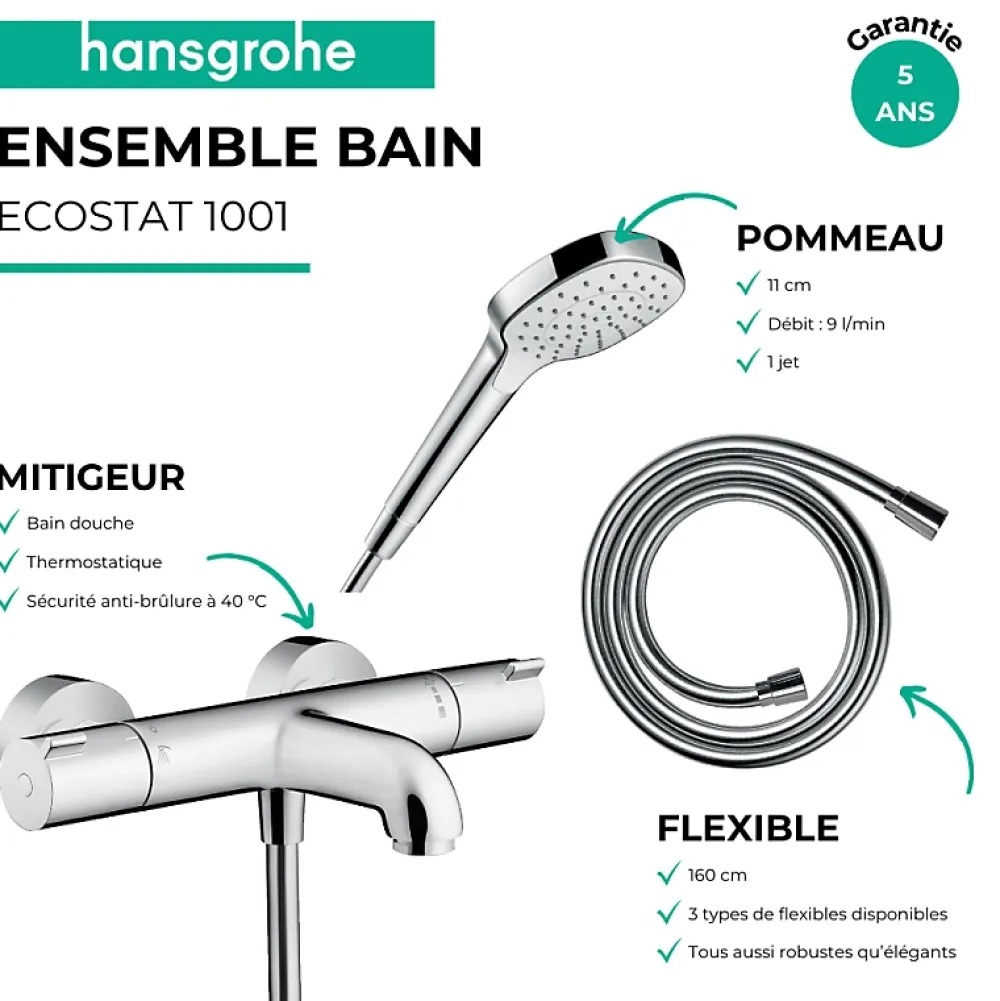 Robinet De Baignoire|Hansgrohe Pack mitigeur bain thermostatique Ecostat 1001CL + Flexible Designflex + Pommeau Croma Select E EcoSmart blanc/chromé