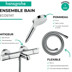 Hansgrohe Pack mitigeur bain thermostatique Ecostat Comfort + Flexible Metaflex 1,6m + Pommeau Vernis Blend EcoSmart 2 jets chromé