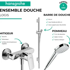Colonne De Douche Mécanique|Hansgrohe Pack mitigeur douche mécanique Logis + Barre Unica S Puro + flexible + Pommeau Croma Select E blanc/chromé
