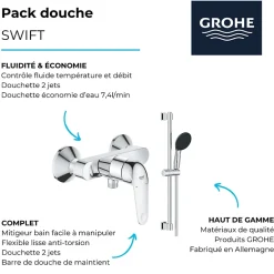 Colonne De Douche Mécanique|Grohe Pack mitigeur douche mécanique Swift 2023 + Ensemble de douche 2 jets avec barre Chromé