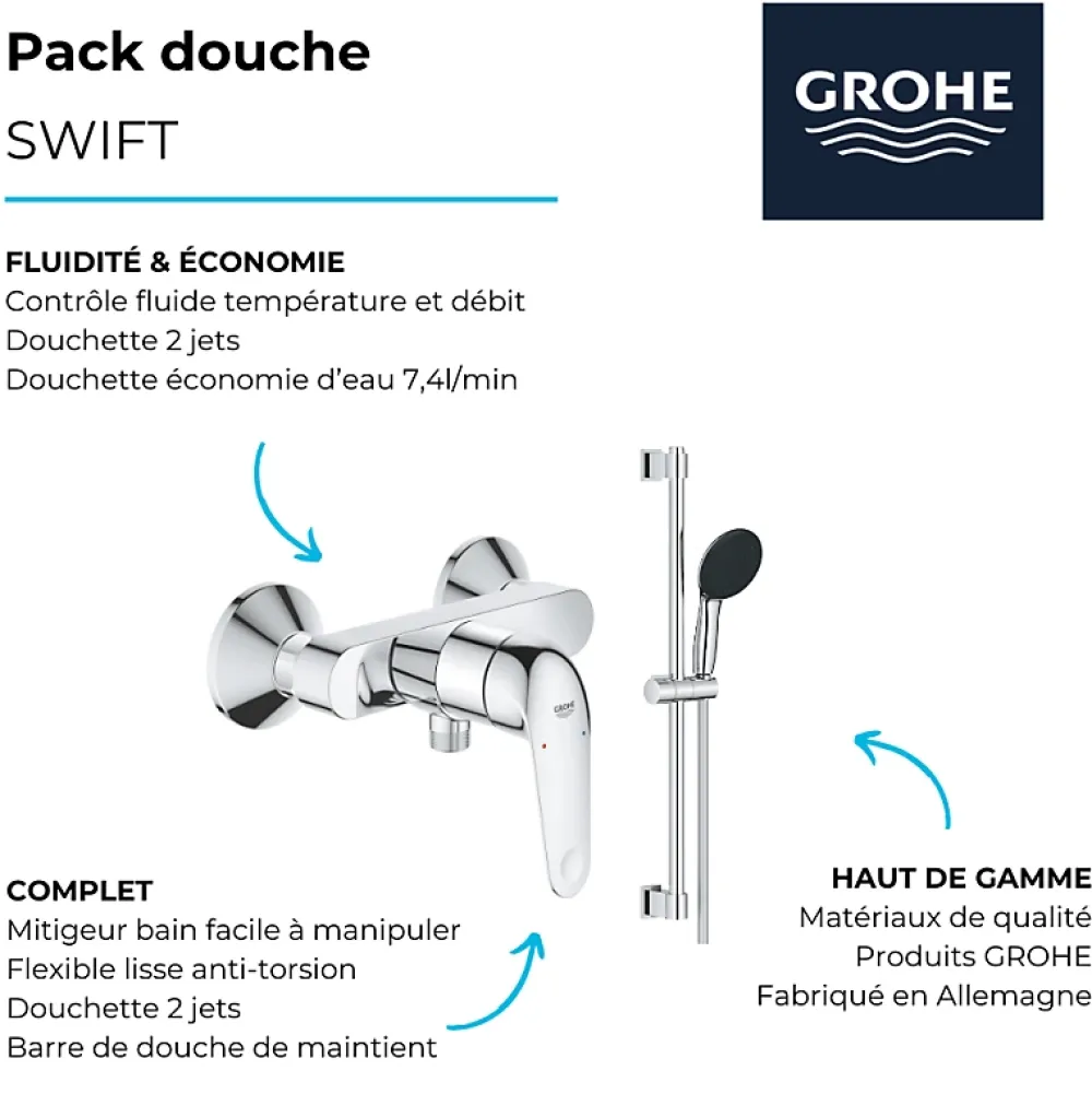 Colonne De Douche Mécanique|Grohe Pack mitigeur douche mécanique Swift 2023 + Ensemble de douche 2 jets avec barre Chromé