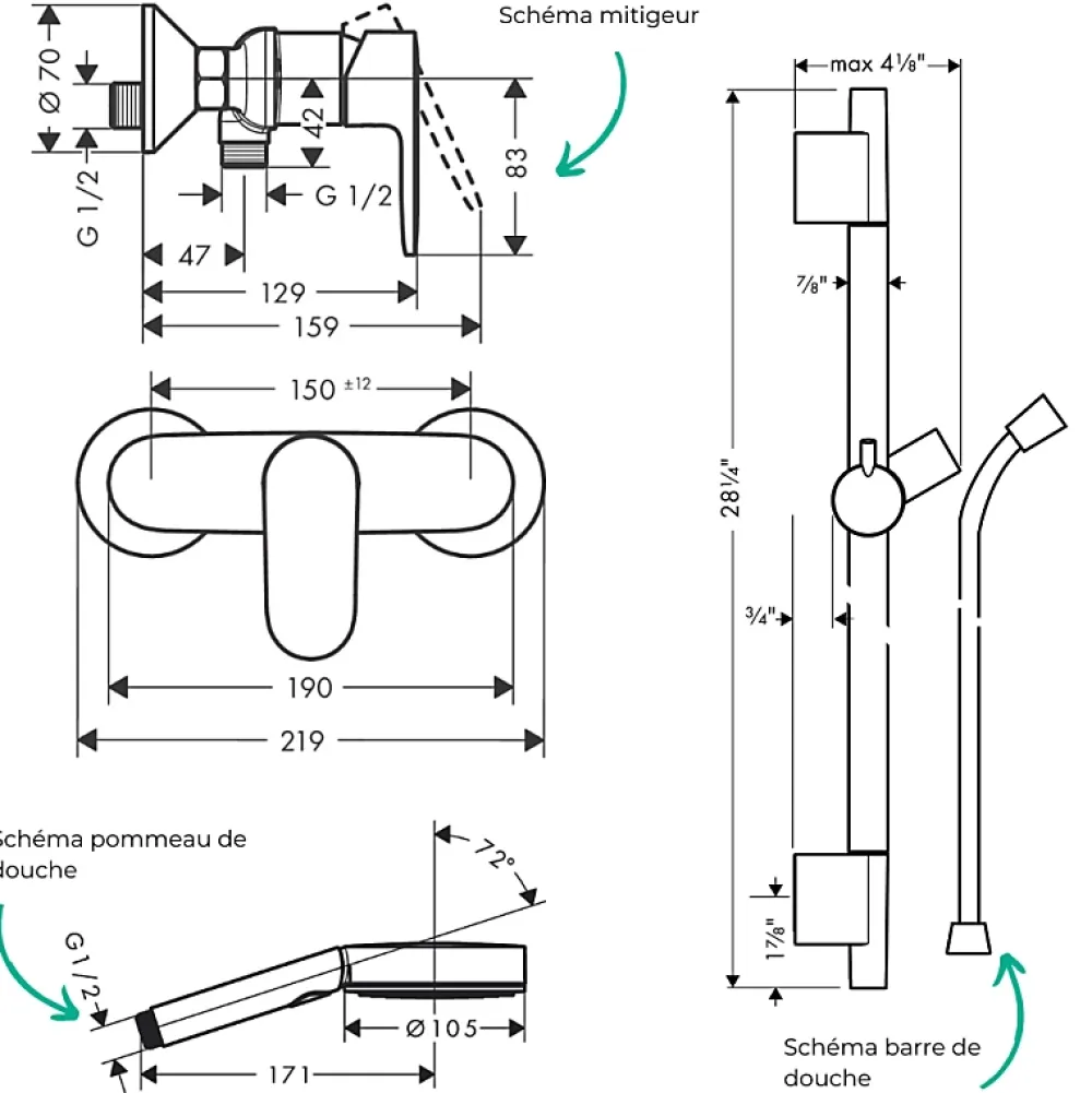 Colonne De Douche Mécanique|Hansgrohe Pack mitigeur douche mécanique Vernis Blend + Barre Unica S Puro + flexible + Pommeau Pulsify Select 3 jets noir mat