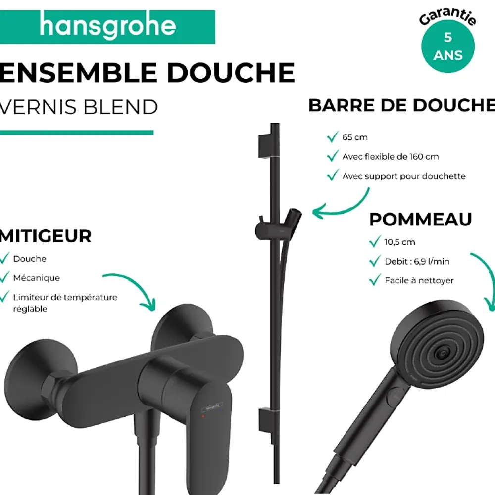 Colonne De Douche Mécanique|Hansgrohe Pack mitigeur douche mécanique Vernis Blend + Barre Unica S Puro + flexible + Pommeau Pulsify Select 3 jets noir mat