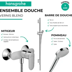 Hansgrohe Pack mitigeur douche mécanique Vernis Blend + Barre Unica S Puro + flexible + Pommeau 2 jets Vernis Blend