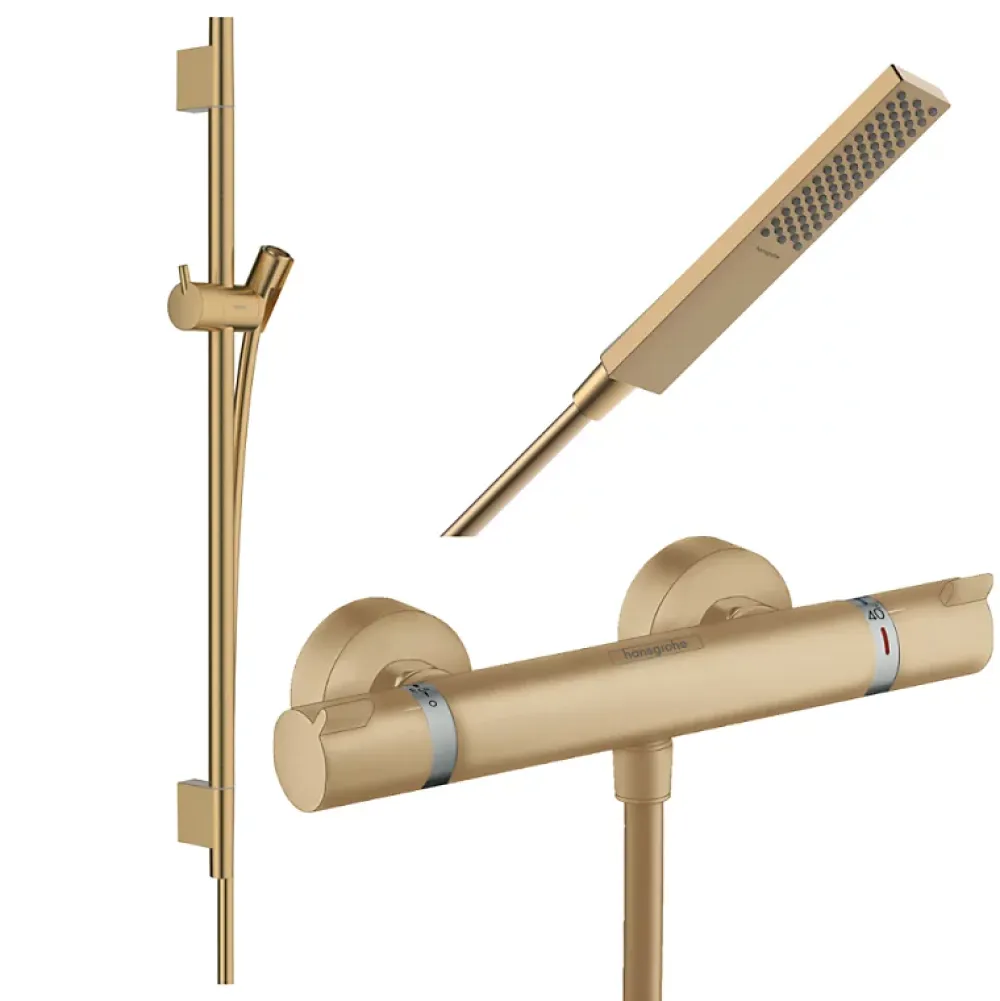 Hansgrohe Pack mitigeur douche thermostatique Ecostat Comfort + Barre Unica S Puro + flexible + Pommeau Pulsify E bronze brossé