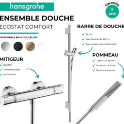 Hansgrohe Pack mitigeur douche thermostatique Ecostat Comfort + Barre Unica S Puro + flexible + Pommeau Pulsify E bronze brossé