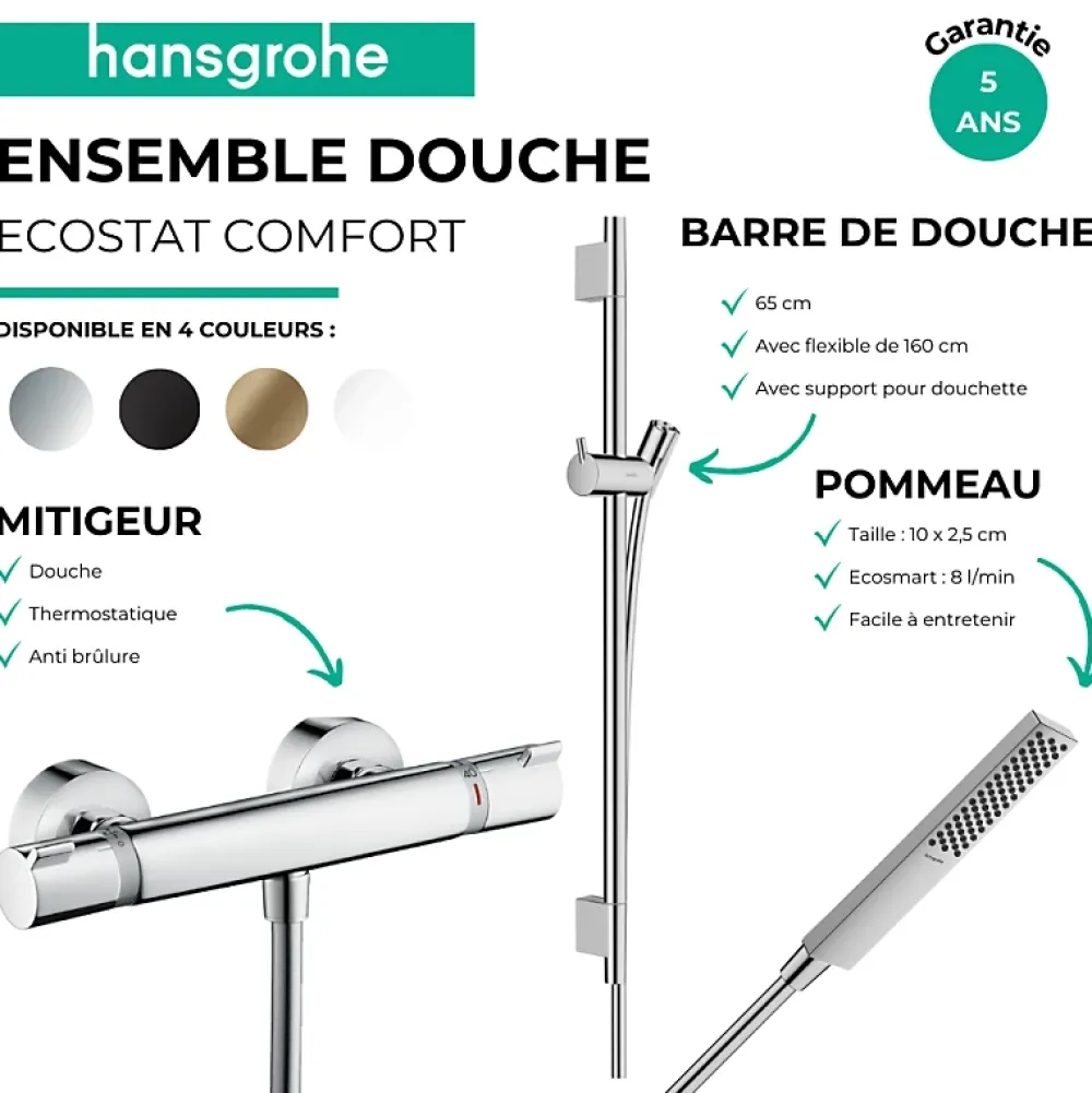 Hansgrohe Pack mitigeur douche thermostatique Ecostat Comfort + Barre Unica S Puro + flexible + Pommeau Pulsify E bronze brossé