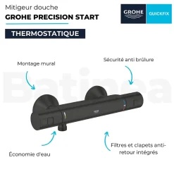 Colonne De Douche Thermostatique|Grohe Pack mitigeur douche thermostatique Precision Start noir mat + ensemble Vitalio Start avec barre