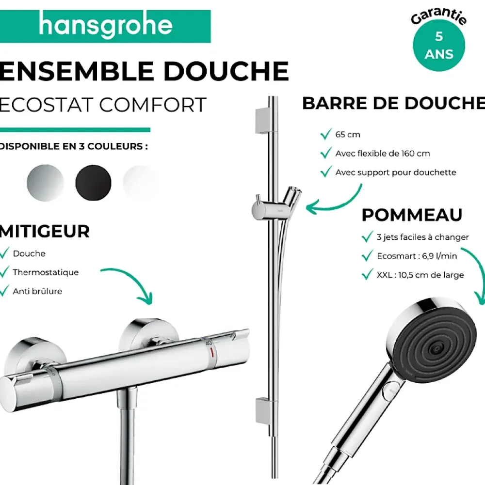 Hansgrohe Pack mitigeur douche thermostatique Ecostat Comfort + Barre Unica + flexible + Pommeau Pulsify Select 3 jets noir mat