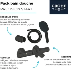 Robinet De Baignoire|Grohe Pack mitigeur Thermostatique bain douche Precision Start + Douchette 2 jets Vitalio Comfort 110 avec flexible et support